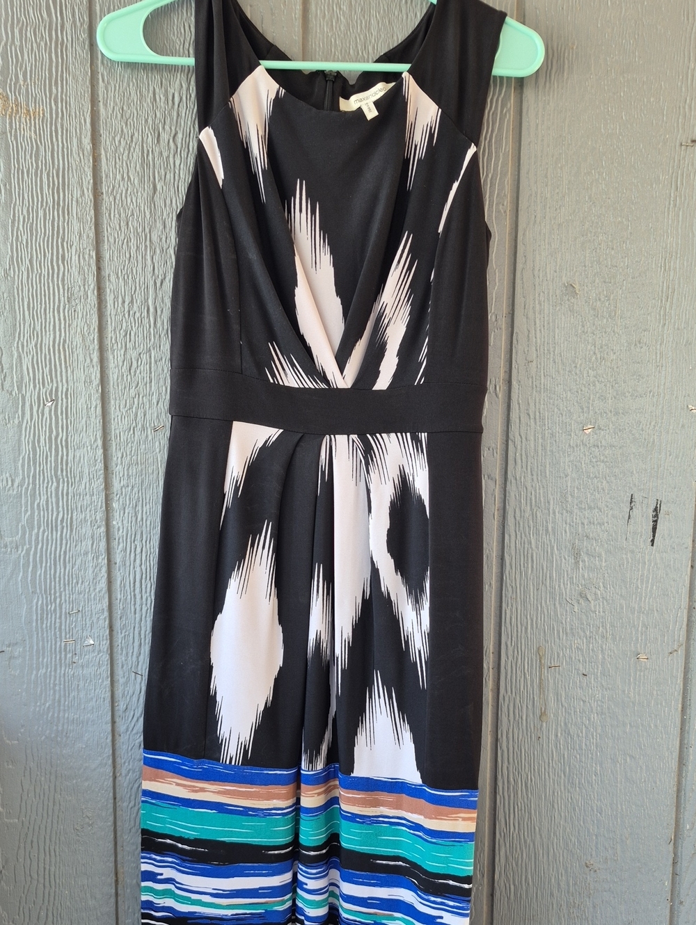 Max & Cleo Black and White Maxi Dress with Blue and Teal Stripe Hem